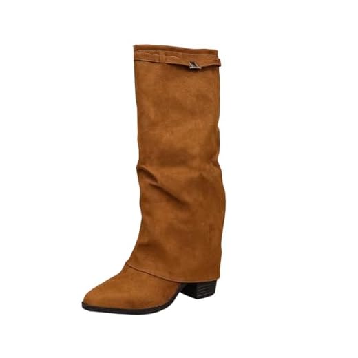 Botas longas femininas modernas com salto médio para uso casual no inverno, versátil e elegante, design de cano alto, Marrom, 38