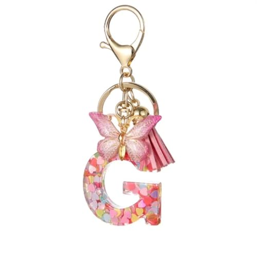 Image of GEOCARTER Lightweight Fashion Initial Letter Key Ring with Butterfly Pendant & Tassel, Stylish Purse Charm for Handbags, Car Keys, Gifts for Girls & Women