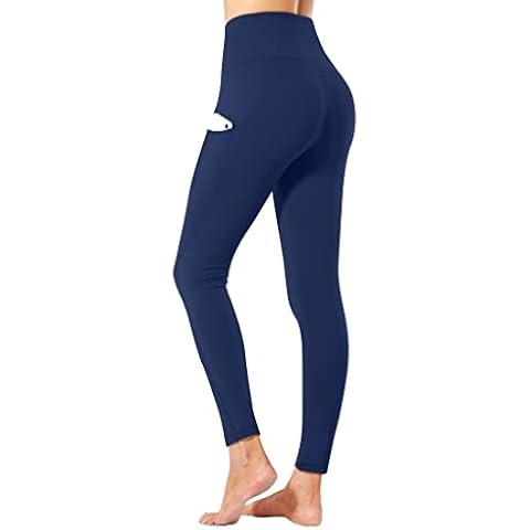 PHISOCKAT Women's Fleece Lined Leggings High Waisted Water Resistant Winter Thermal Warm Yoga Pants with Pockets, Blue (Fleece Lined), Medium Cover