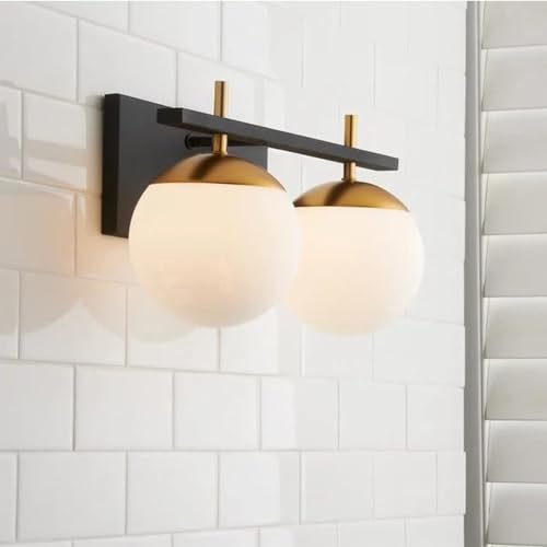 Image of Mid Century 2-Light Bathroom Vanity Light Over Mirror, Black and Gold Modern Bathroom Light Fixtures with Milky White Frosted Glass Globe Shade, Wall Sconces for Bathroom, Stairs, Kitchen