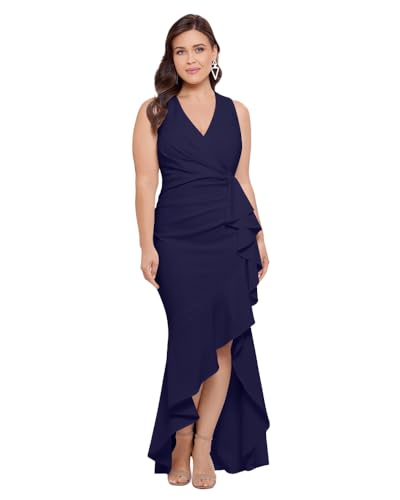 Image of Betsy & Adam Women's V-Neck Hi Low Sleeveless Floor Length Cascade Dress with Draped Ruffle