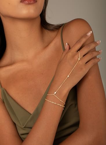 CHESKY 14K Gold Plated 2Pcs Hand Chain Bracelet for Women,Dainty Ring Bracelets Non Tarnish Simple Cuff Evil Eye CZ Bracelets Adjustable Nail Bracelet Jewelry4