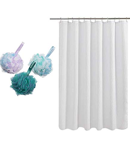 AmazerBath 72 x 72 Inches Waffle Shower Curtain and Shower Sponge Bath Loofahs for Shower 75g for Body Wash Bathroom Men Women - Set of 3 (Flower Green-Blue-Purple)