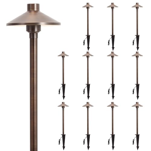 Gardencoin Solid Brass Low Voltage Pathway Lights (6.7'' Shade, 21.9'' Tall), 12V AC/DC Heavy Duty LED Landscape Path Lights Outdoor Wired, Antique Bronze Walkway Lights with Larger Stake, 12-Pack
