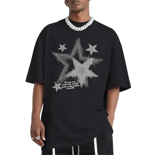 Migxsaf Men Star Graphic Shirt Y2k Oversized Shirts Streetwear Vintage Tees Grunge Inspirational Motivational Casual Tshirts(Black M)