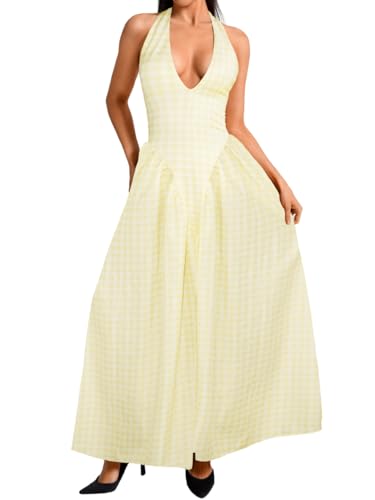 Image of ChiaoLezhee Deep V Neck Dress, Halter Maxi Dresses, Vacation Date Night, Sexy for Women Corset Flowy Wedding Guest Drop Waist
