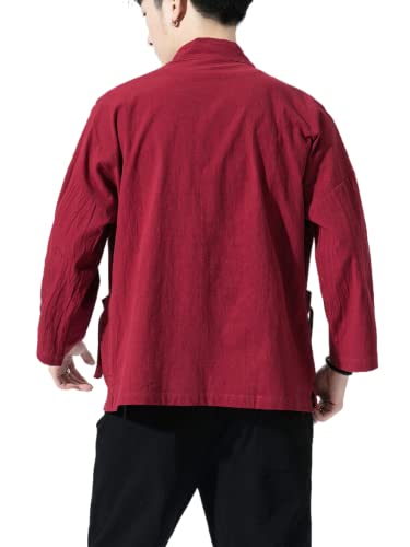 Image of Men's Japanese Kimono Cardigan Loose Cotton Linen 3 /4 Sleeve Open Front Casual Summer Shirt Jackets