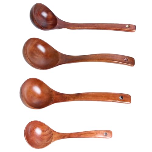 JNJOOD 4 Cucharas Grandes de Madera Natural para Sopa, de Madera, Cuchara para Cocinar, Cuchara para Arroz, Ramen, Cucharón para Sopa, Utensilio de Cocina para Catering