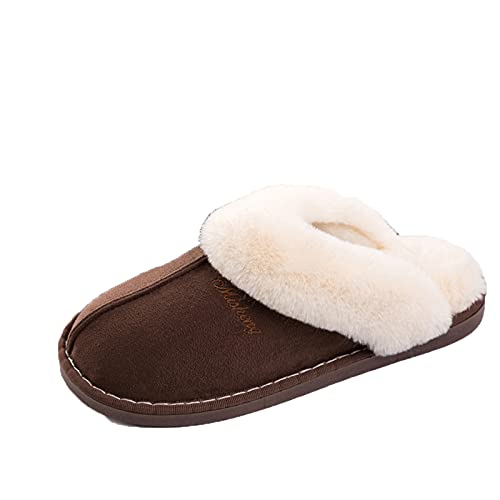 Damen Herren Hausschuhe Winter Warm Faux Pelz Slipper Weiche Flache Plüsch Pantoffel Lammfell Dunkelbraun 300 Cover
