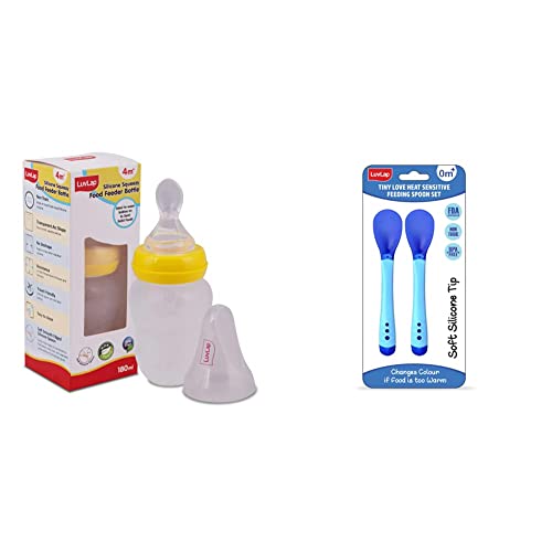 LuvLap Easy Squeezy Food Feeder - 180 Ml & Tiny Love Heat Sensitive Baby Feeding Spoons Set, Food Grade Polyproplene Kids & Baby Spoon with Soft Silicone Tip, BPA Free, FDA Apporved, 2 pcs, Blue