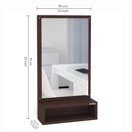 Redwud Bunny Engineered Wood Matte Finish Dressing Wall Mirror with Shelf | Full Length Unframed Mirror for Bedroom, Bathroom, Living Room (Wenge, Rectangular)