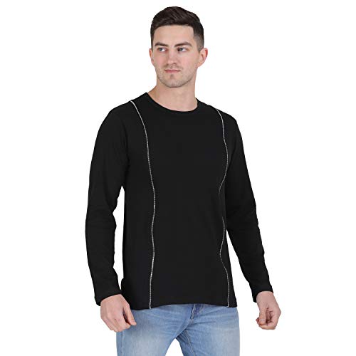 Image of Men Black Zip Detailing Front Round Neck Cotton Full Sleeve T-Shirt