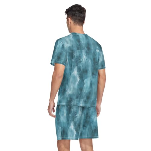 Dark Green Print Men’s Pajama Sets Short Sleeve Lounge Wear with Elastic Waistband and Drawstring2