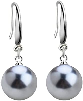 YAXUN 925 Sterling Silver Pearl Earrings For Women - 12mm Round Grey Shell Pearl Dangle Drop Hook Earrings Fashion Jewellery Gifts For Ladies and Girls