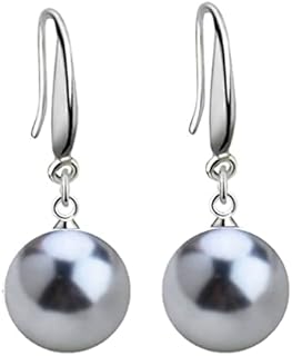 YAXUN 925 Sterling Silver Pearl Earrings For Women - 12mm Round Grey Shell Pearl Dangle Drop Hook Earrings Fashion Jewellery Gifts For Ladies and Girls