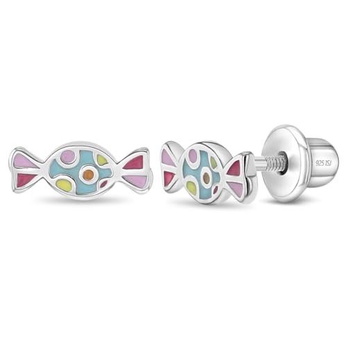 925 Sterling Silver Enamel Sweet Candy Screw Back Earrings for Little Girls and Pre-Teens - Adorable Candy Shaped Safety Screw Back Earrings For Young Girls