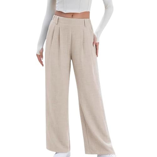 Generisch Pantalones de tela elegantes y holgados para mujer, cómodos, anchos, informales, ligeros, elásticos, con bolsillos, monocolor, para negocios, rectos, elásticos, para mujer, caqui, XL