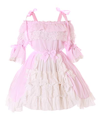 JL-665-2 - Vestido de gasa con volantes y lazo para disfraz de Lolita gótico, color rosa y blanco Rosa. M-L