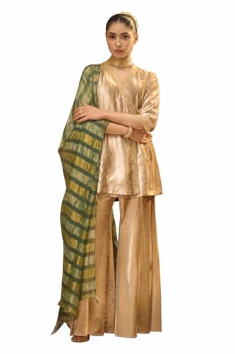 Image of FIORRA Women Beige Ice Velvet Embroidered Kurta Set with Dupatta