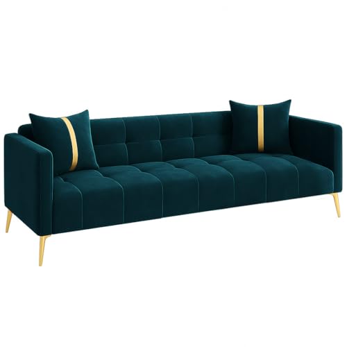 Image of FURNY Styliving 3 Seater Velvet Fabric Sofa Set (Greenish Teal) with Golden Finish Legs | Durable & Comfortable | Ideal for Living Room