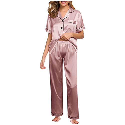 Aniywn Pajama Set for Women Satin Pajamas Short Sleeve Sleepwear with Long Pants 2 Piece Button Down Nightwear Pj Set Pink