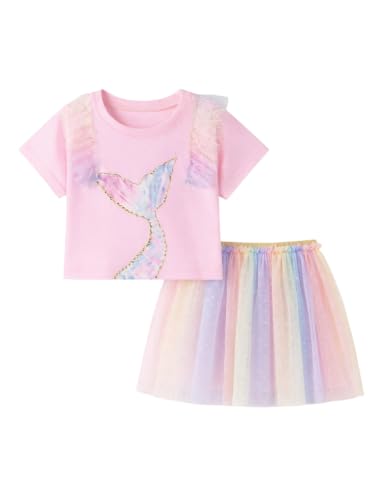 Image of HILEELANG Girls Skirt Set 2 Piece Outfit Cotton Tee Tulle Skirt Set | Soft Cotton Tee, Applique Detail, Layered Tulle Skirt with Lining, Lightweight Comfort for Toddler Little Girls