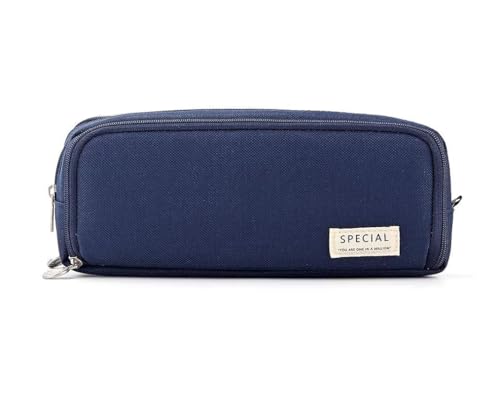 Image of OSDUE Pencil Case, Large Capacity Canvas Pencil Pouch, 3 Compartments, Elastic Pen Slots, Mesh & Card Pockets, Organizer for School, College, Office, Travel, Students, Teens, Girls (Navy Blue)