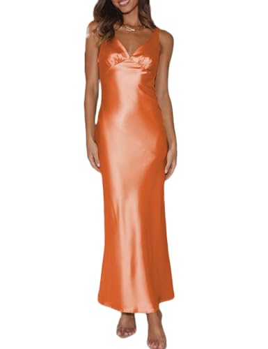 Image of VUBIYA Women's Summer Satin V Neck Backless Maxi Dress Wedding Guest | Open Back Tie-Back, Low Back Sleeveless, Formal Bridesmaid, Elegant Cocktail, Vacation Beach, Date Night and Party