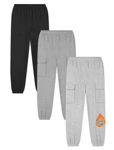 EXARUS 3 Pack Boys Cargo Sweatpants Drawstring with Pockets Sweat Pants Causal Kids Boy Jogger 6-14Y