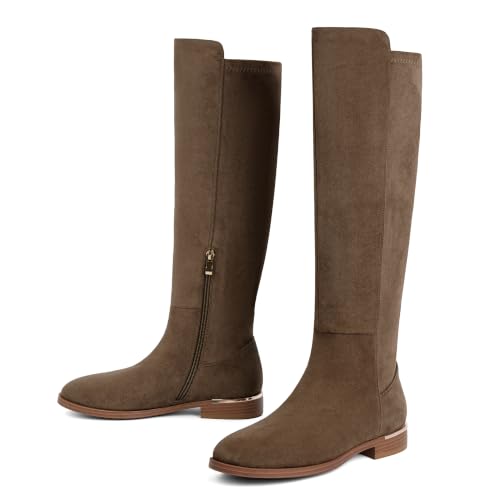 Image of Modatope Rounded Toe Flat Stretchy Dress Knee High Boots Side Zipper | Suede Elastic Fall Winter Boots, Low Chunky Block Heel Riding Boots,2026 Fashion Womens Tall Long Boots