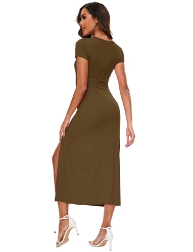 Image of NOVANDO Casual Short Sleeve Ruched Cotton Bodycon Midi Dress for Women 2024 Summer Crew Neck Party Club T Shirt Dress