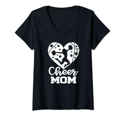 Womens Cheer Mom Heart Funny Cheerleader V-Neck T-Shirt