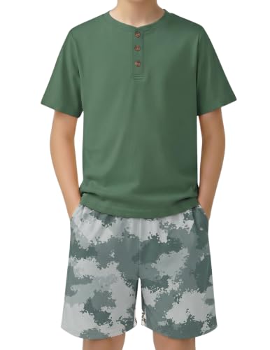 Image of Arshiner Boy's Textured Button Up Shirt and Shorts Set 2 Piece Summer Beach Outfit for 5~12 Years Kids
