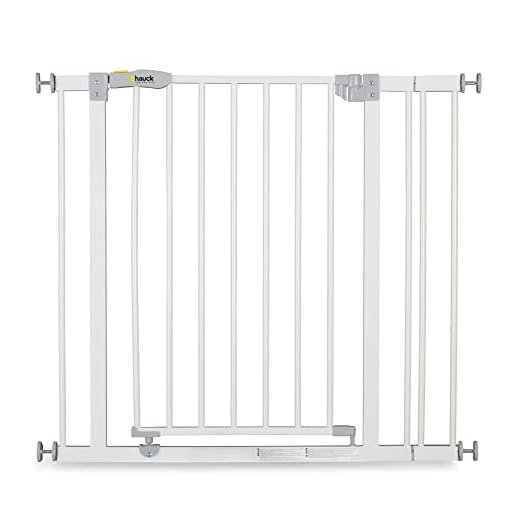 Hauck Open N Stop, Tryckmonterad Säkerhetsgrind med 9 cm fölänging 84-89 cm. Kan Förlängas med Separata Förlängningar, Kompatibel med Y-Spindlar för Trappräcken, Metallgrind för Barn - vit