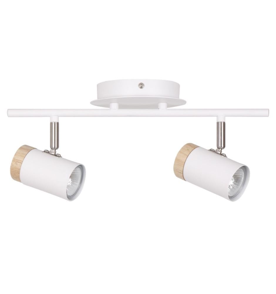 firstchoicelighting White 2 Way Spotlight Fitting, Wood Detail, Adjustable Heads, LED and Dimmer Compatible