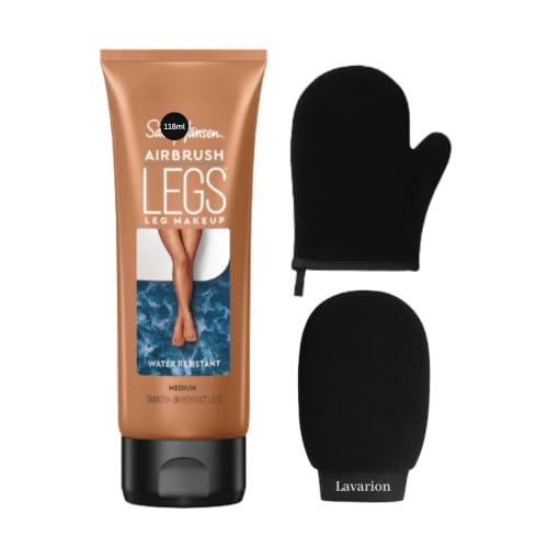 Image of Sally Hansen Airbrush Legs Medium Instant Tan Lotion 118ml – Leg Makeup, Body Makeup and Instant Tan Kit with Lavarion Exfoliating Glove & Tanning Mitt - Water & Transfer Resistant