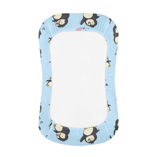 Image of ZOUTAIRONG Penguin Fish Bassinet Sheets Fit for Bassinet Swivel Sleeper Universal Sheet for Rectangle Oval, Hourglass Bassinet Mattress Bassinet Crib Sheets Blue, 240118BZA16118