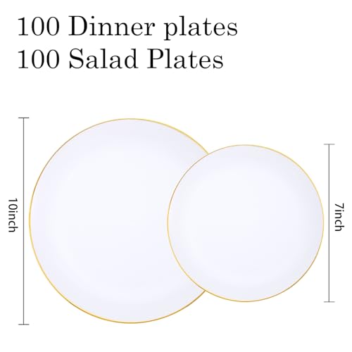 KIRE 200PCS Gold Plastic Plates - Disposable Plates for Party - White Plastic Plates with Gold Rim Include 100 for Dinner and 100 for Dessert/Salad in Wedding/Thanksgiving