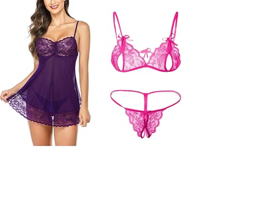 Image of SSoShHub Lace Babydoll Lingerie Sexy Mini Chemise Mesh Wedding Nightie Bridal Nightdress with Bikini