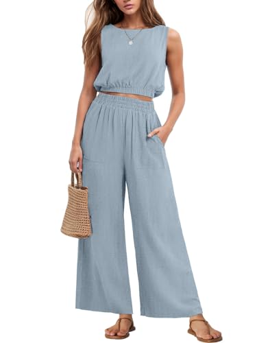 GRECERELLE 2 Piece Sets for Women Summer Sleeveless Crop Top Wide Leg Pants Resort Wear for Women 2025 Haze blue-L