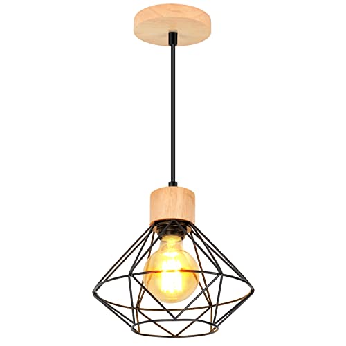 TOKIUS Suspension Luminaire Vintage Industrielle Lustre Abat-jour en Métal et Bois Ø160mm Plafonnier E27 avec Bois Rétro Pour Salon Cuisine Chambre (L-220mm-1pcs)