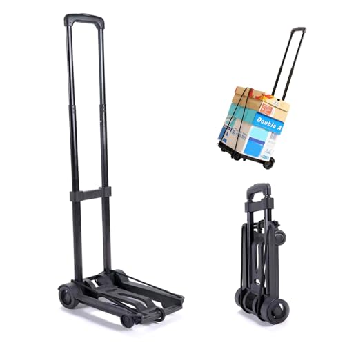 Gepäckwagen mit Rädern faltbar, Leichter Kleiner Transportwagen aus Metall mit Rädern, klappbarem Griff und Seil, stummgeschalteter Handwagen zum Einkaufen, Camping |.Hand