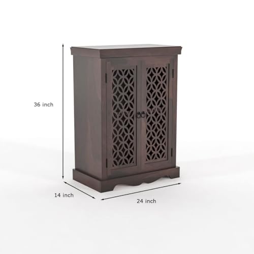 Image of Solid Sheesham Wood Sideboard and Cabinets | Wooden Side Board Small Cabinet for Living Room | Free Standing Buffet Cabinet with 2 Door Cabinet Storage | Rosewood, Walnut Finish