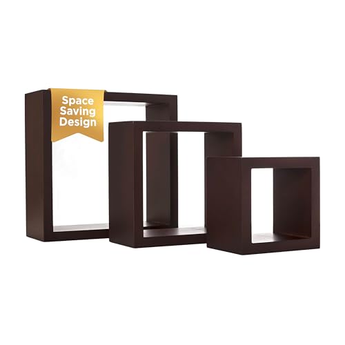 Kiera Grace Set of Three Cubbi Rustic & Timeless Decorative Engineered Wood Square Floating Wall Shelves for Home, Room, & Office, 5' / 7'/ 9', Brown