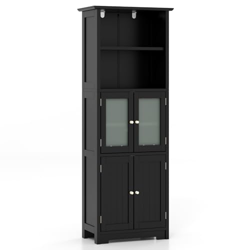 COSTWAY Armario Alto de Baño con 4 Puertas, Armario de Baño de Suelo con Estantes Ajustables y Puerta de Vidrio Esmerilado, Organizador Multifuncional para Cocina, Salon, Baño (Negro, 4 Puertas)