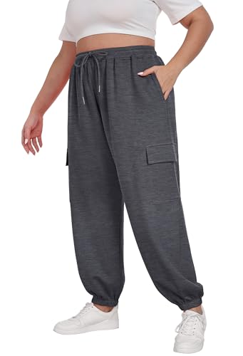 OLRIK Womens Plus Size Pants Casual Fall Winter Sweatpants Loose Fit Drawstring Waist Pant Fashion Lounge Trousers with Pockets Dark Grey-3X