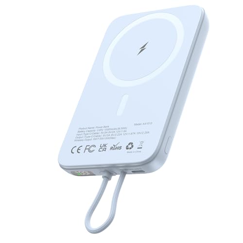 Image of AsperX Magnetic Power Bank, 10,000mAh Wireless Portable Power Bank, 22.5W USB-C Power Delivery Portable Charger Compatible for iPhone 16 /15 /14 /13 /12 Series, Blue