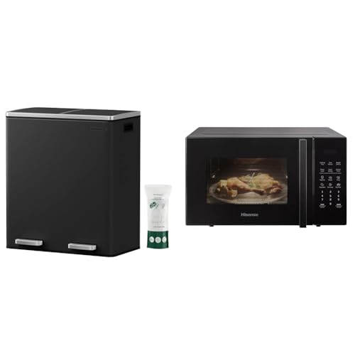 SONGMICS Double Rubbish Bin, 2 x 30L Waste and Recycling Kitchen Bin with 15 Rubbish Bags & Hisense 900 Watt Microwave oven H25MOBS7HUK - Black, 25 Litre