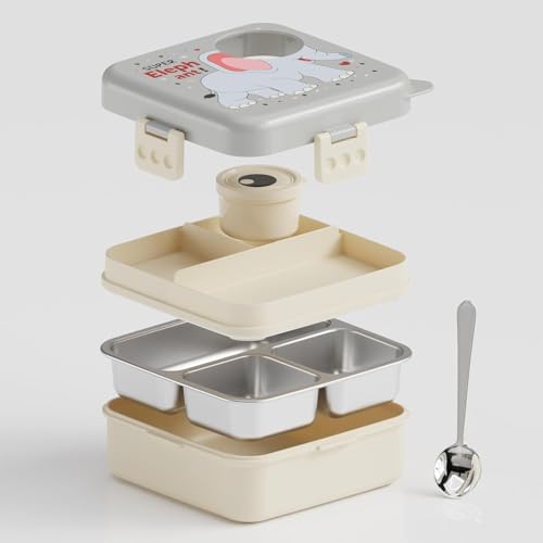 Image of TEKCOOL Kids Tiffin Box for School, 3 Compartments Insulated Stainless Steel Lunch Box, Leak Proof Bento Box with Spoon, BPA Free Food Grade Meal Box, 1120ml + 70ml (Grey, Super Elephant);