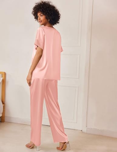 Image of Ekouaer Mens Satin Pajamas Set Button-Down Short /Long Sleeve Shirt Top Soft Silk Sleepwear Loose Pocket Pant Loungewear